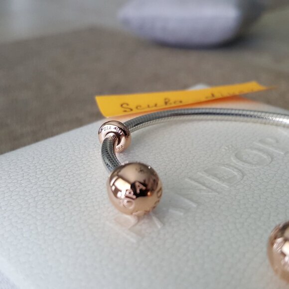 RARE Pandora Two-Tone Rose Gold Silver Moments Snake Chain Open Bracelet Bangle - Picture 9 of 12